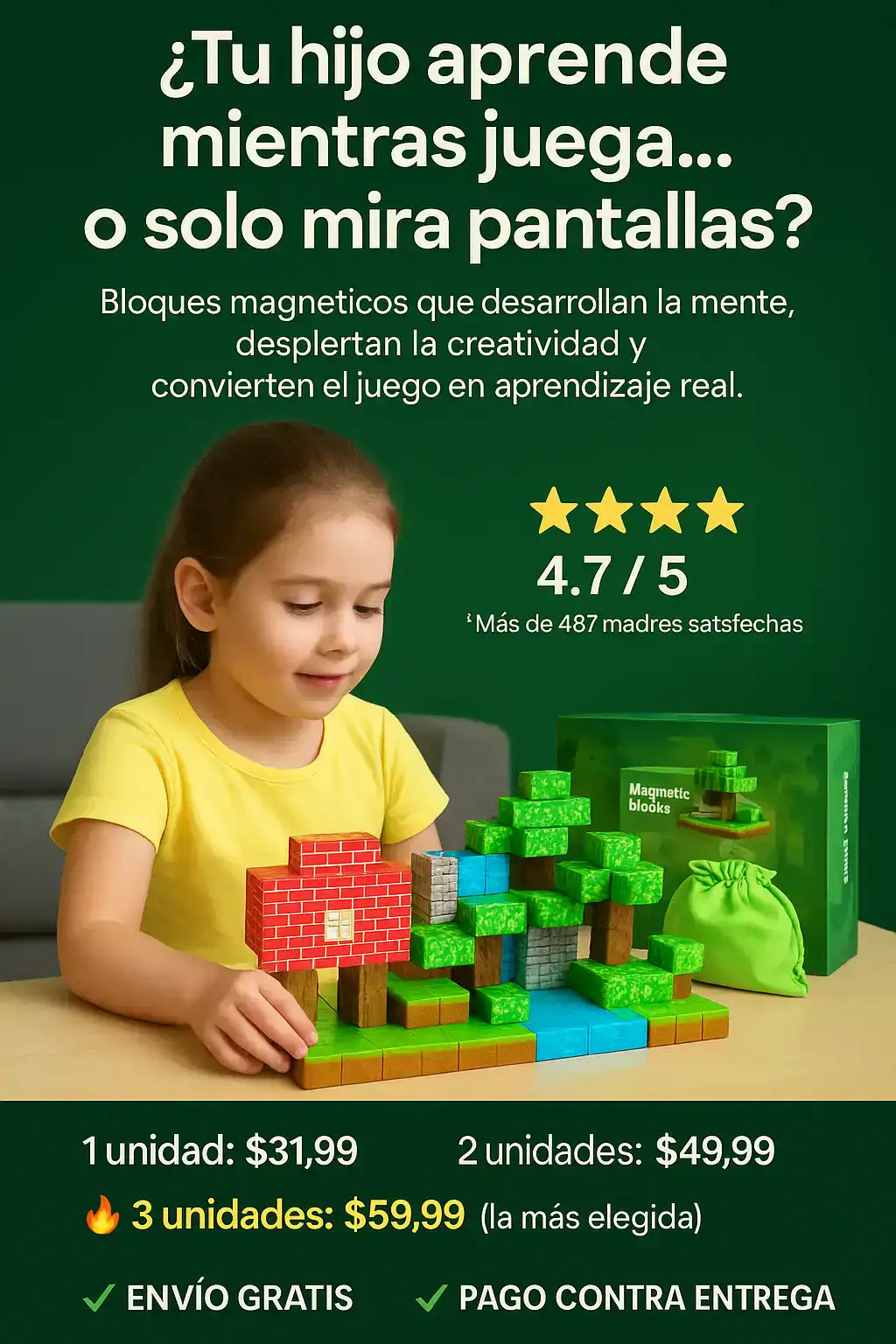 Juego De Bloques Magnéticos ( 75 piezas ) Minecraft Ayuda al desarrollo cognitivo de tu peque